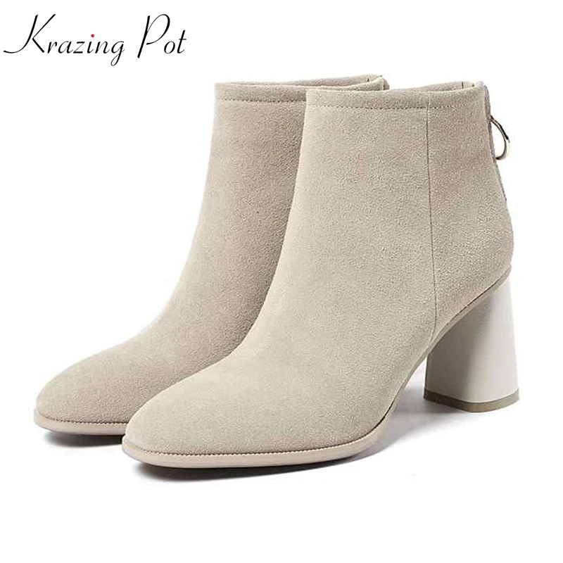 

krazing pot cow suede gladiator women winter banquet high heels round toe zipper Korean fashion elegant charming ankle boots L85