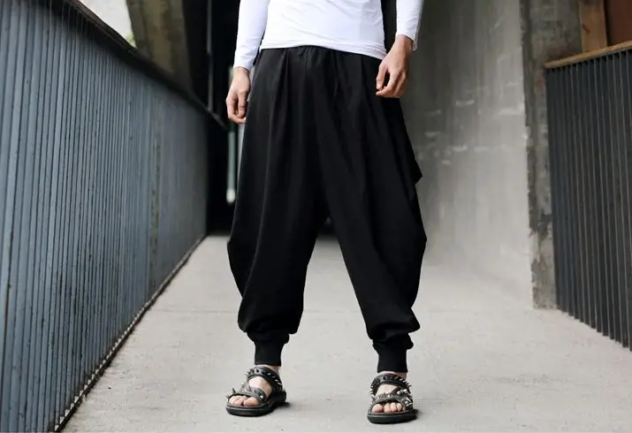 Мужские брюки в японском стиле самурая, повседневные свободные льняные шаровары с заниженным шаговым швом в стиле бохо, мешковатые штаны хакама 102403 - Цвет: 12