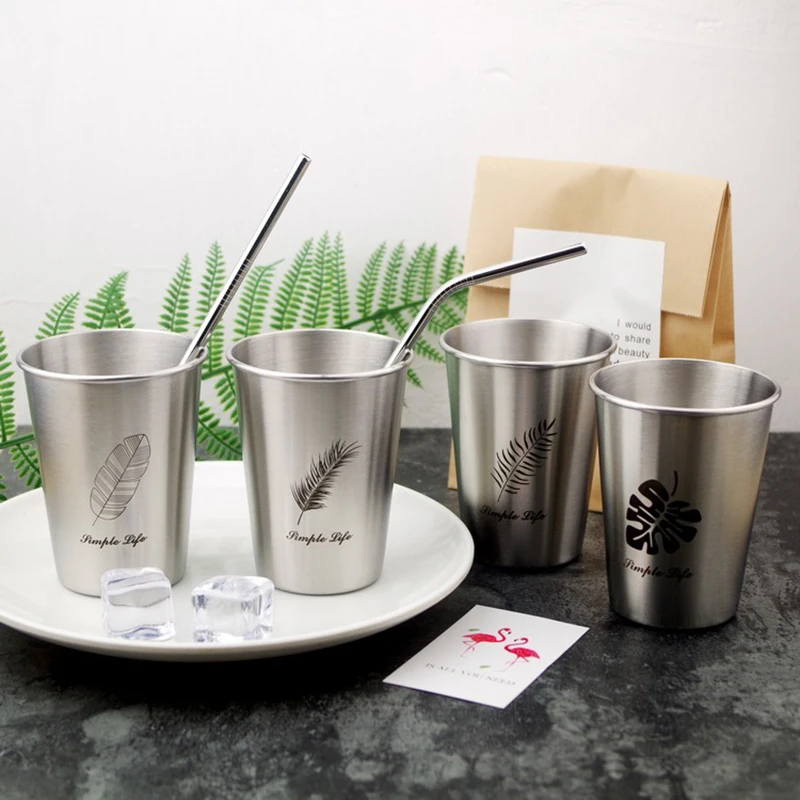 

500ml Original Nordic Simple Brief 304 Stainless Steel Cups With 1 Piece Bended stainless Steel Pipette Lids Are Optional
