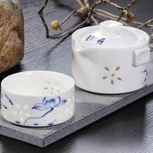 Полая керамика синий и белый курьер чашки, 1 горшок 1 чашка кофе напиток набор, персональный портативный путешествия стол чайник