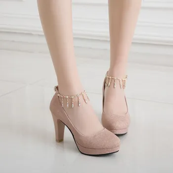 

Big Size 11 12 13 14 15 platform heels women shoes woman pumps ladies Round head shallow thick heel high-heel buckle water drill
