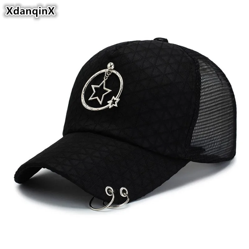 

XdanqinX New Adult Women's Ponytail Cap Mesh Breathable Baseball Caps Adjustable Size Hoop Ring Decoration Hip Hop Hat For Women