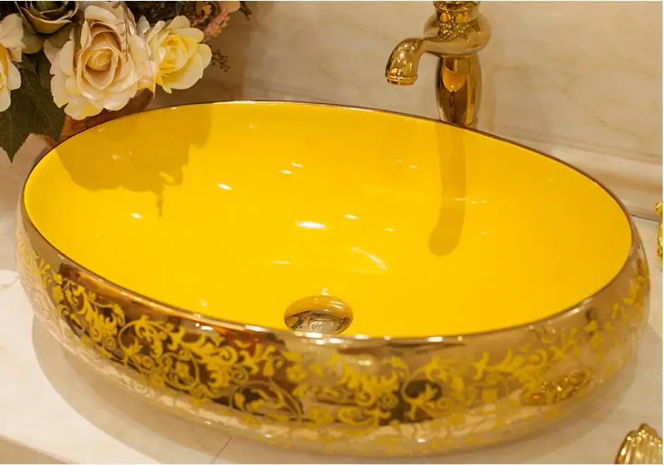 

Porcelain Cloakroom Oval Wash Basin Lavabo Counter top Sink Vessel Bathroom Hand Paint Art Wash Sink LGQ034