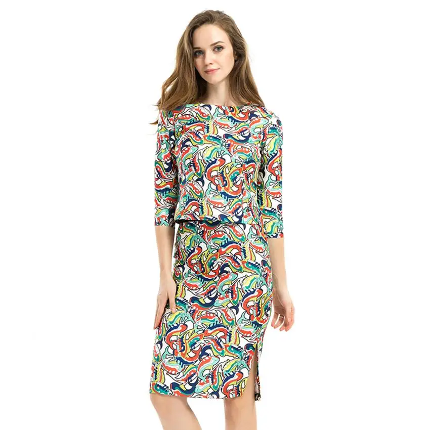 Runway 2 Piece Skirt Set Women Vintage Floral Print 3/4 Sleeve Crop