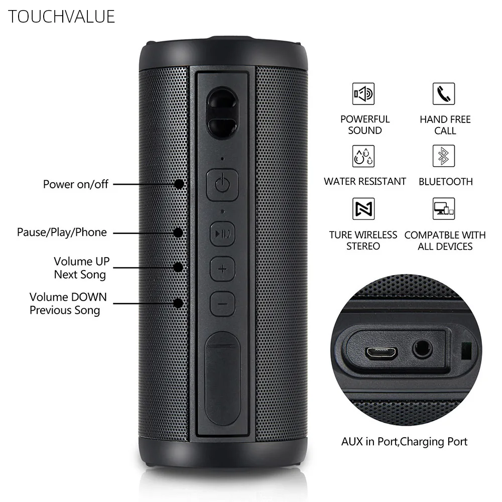 Portable Waterproof Outdoor Speaker Bass Stereo Dual 10W Loudspeaker Sound Box Black Cylinder Bluetooth Speaker