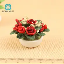 1:12 Кукольный домик Миниатюрный ручной работы глина красная роза в керамической вазе горшок цветок