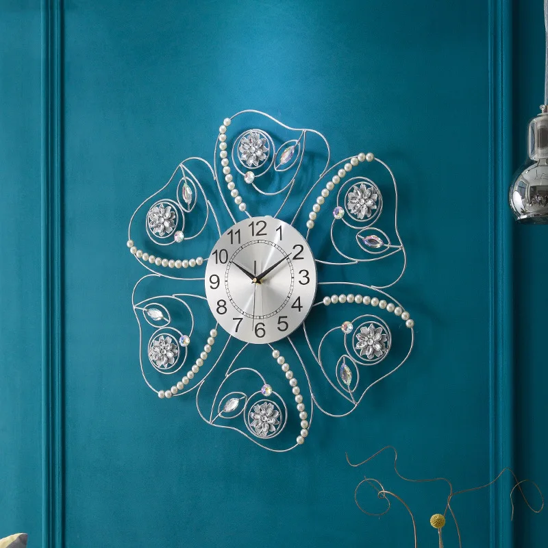 

Pearl Flash Drill Acrylic Wrought Iron Living Room Wall Clock Living Room Mute Bedroom Decoration Modern Wall Clocks