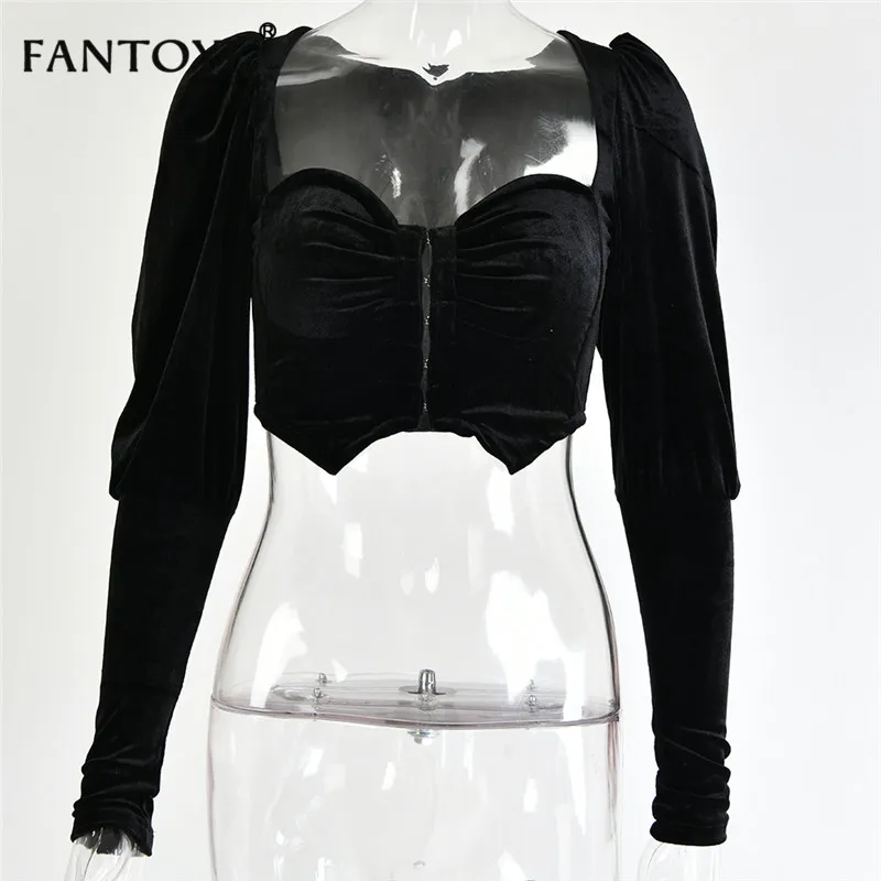 Fantoye сексуальный черный фланелевый укороченный топ с глубоким v-образным вырезом, женский элегантный облегающий топ с рукавами-пузырьками, топ-майка, корсет, клубная одежда