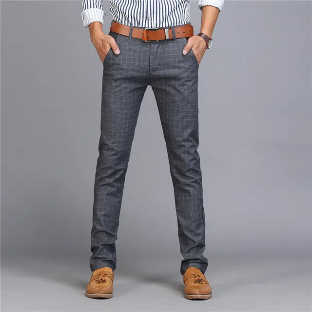 Men's Business Casual Pants Trend Designer Cotton Slim Fit PlaId Pants ...