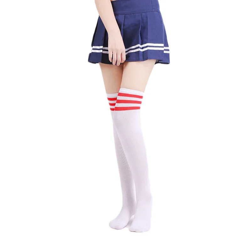 KHKF 2018 High Sexy Cotton Socks Women's Striped Over Knee Girl Lady Black White 3 line Striped Casual Cosplay Cute Style Socks