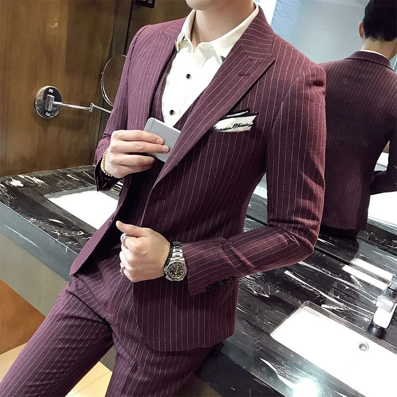 

2019 Striped Suits Men Fashion Slim Fit Suit Three-piece Sets Mens suits (male jacket+vest+pant) Classic Comfort Elegant