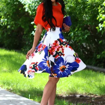 

New Summer Women Fashion Lady Vintage floral print full skirt high waist Flared Pleated Skirt