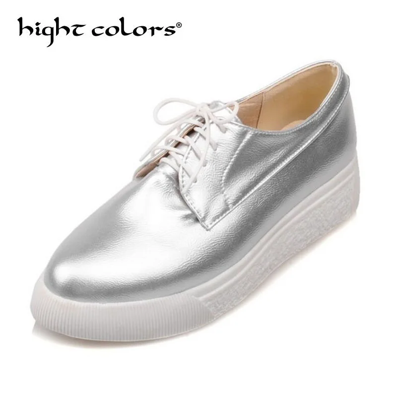 

Silver Pink Creepers Platform Shoes For Women Oxfords Brogue Faux Leather Simple Pointed Toe Flats Shoes Footwear US Size 40