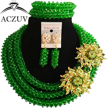 

ACZUV Green Crystal Beaded Nigerian Wedding Beads African Jewellery Sets for Women B3R011