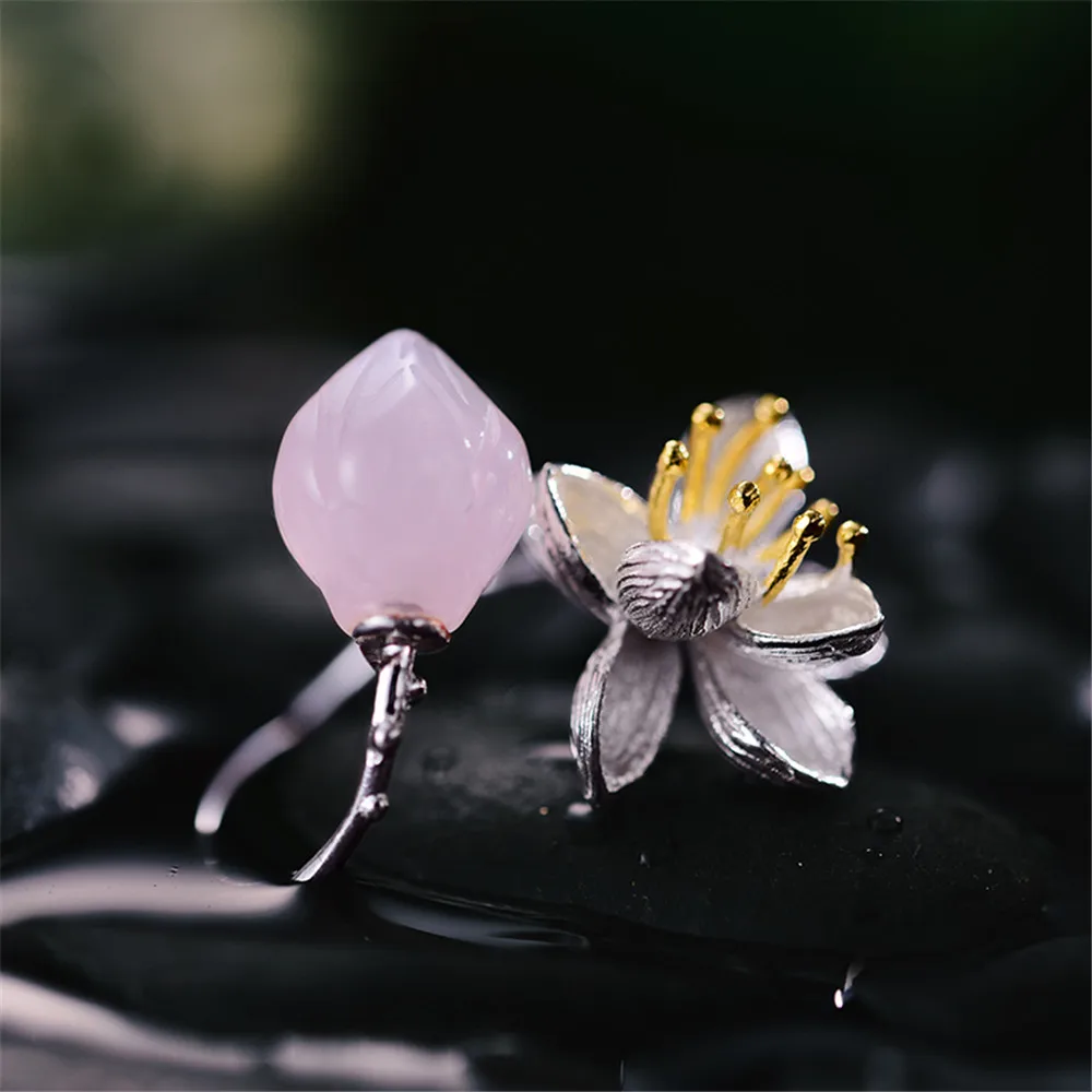 Lotus Fun Real 925 Sterling Silver Natural Rose Quartz Handmade Fine Jewelry Flower Ring Lotus Whispers Rings for Women Bijoux