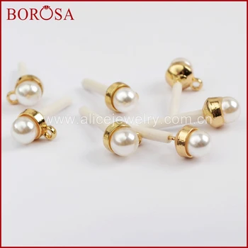 

BOROSA 40/50Pairs Gold Color Bezel 6mm Round White Pearl Stud Earrings With Loop Jewelry Women Elegant Party Jewelry PJ141