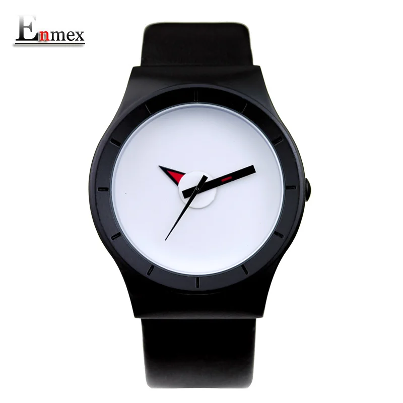 

2017 gift Enmex creative simple design brief face with a red pointer leather band water prof young and fashion quartz watch