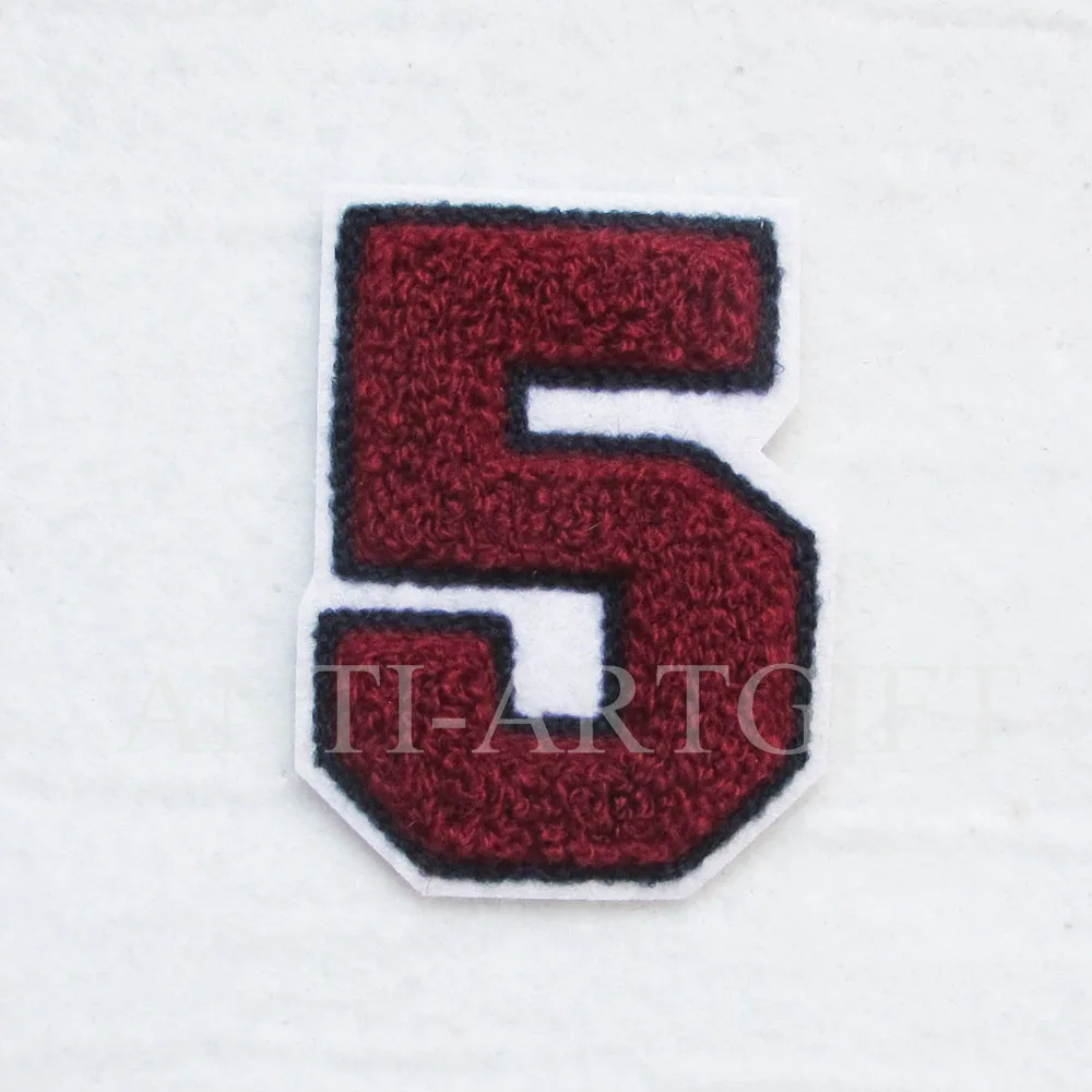 

Custom Numbers 5 Chenille Patch sew-on laser cut Wine red color high quality