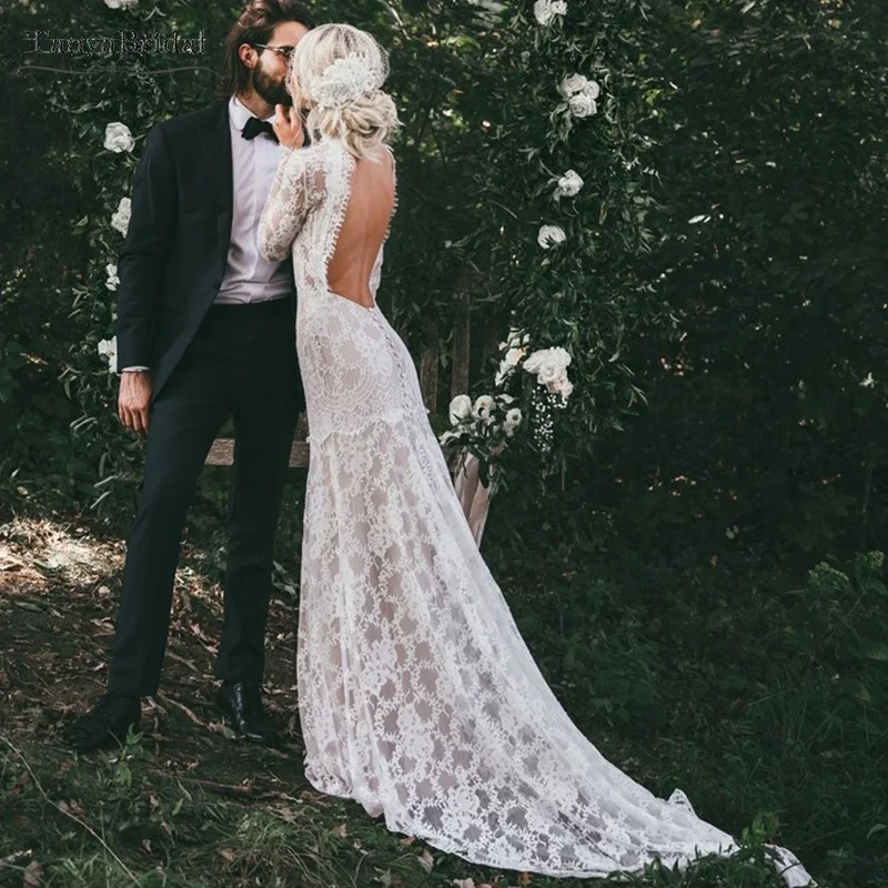

Fashion Outside Wedding Dresses High Neck Extended Sleeve Full Open Back Beach Lace Vestido de Noiva DW039