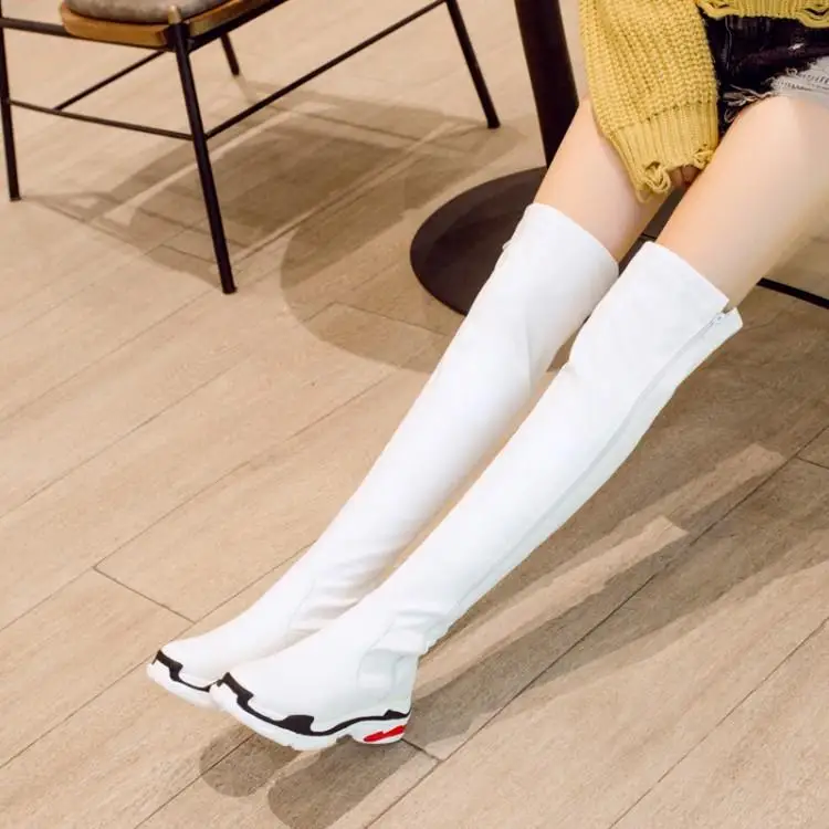 US4-13 Для женщин молния Сапоги выше колен(ботфорты) кроссовки Скрытая каблук Туфли-оксфорды; обувь для отдыха из искусственной кожи черные и белые туфли корейский стиль размера плюс A317