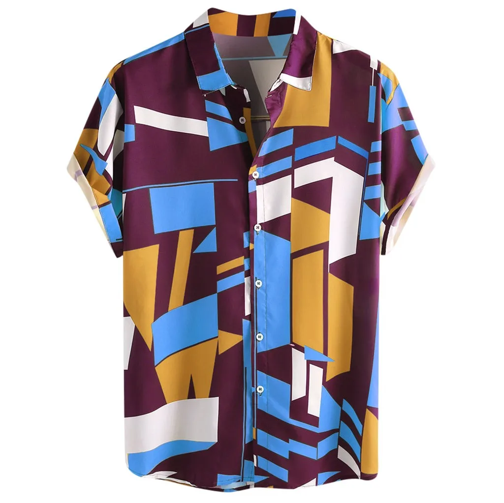 Mens Contrast Color Geometric Printed Turn Down Collar Short Sleeve Loose Shirts High Quality Casual Travel