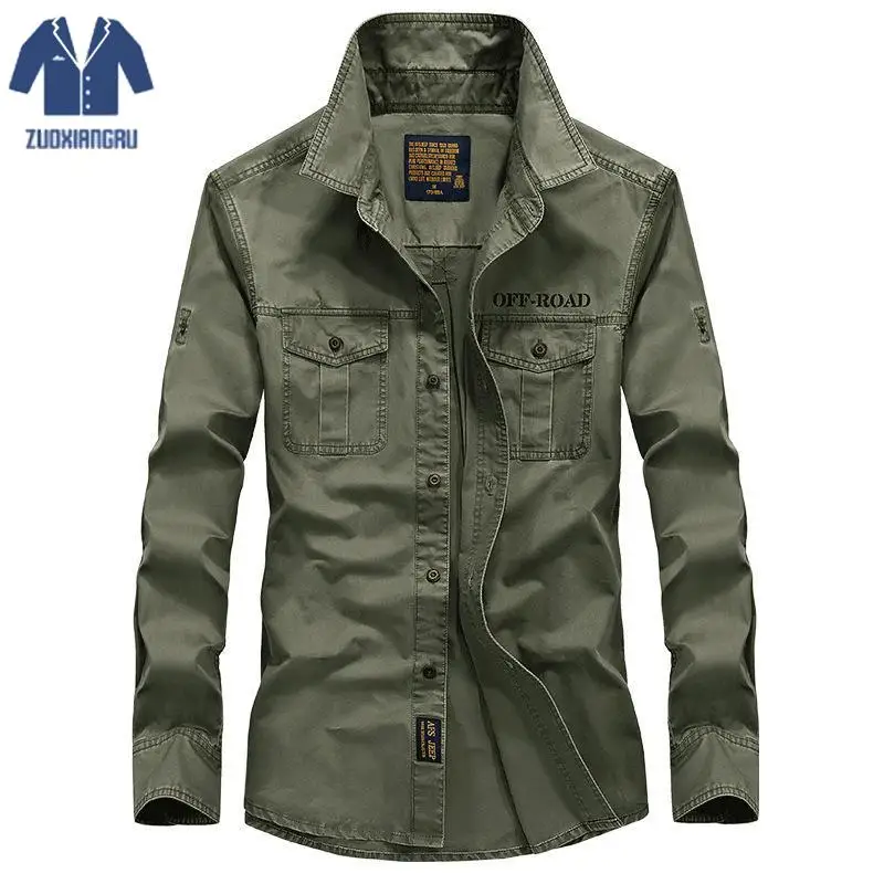 

Autumn Shirt Men's Long Sleeved Shirt Military Style Pure Color Middle-aged Big Size Shirt Casual Fashion Male Cotton Shirts