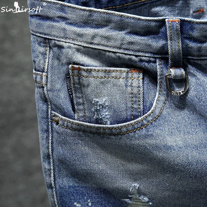 2019 Summer Men's Jeans Cotton Broken Copper Shorts Stretch Casual Large Size Denim Shorts 28-36 Blue Floor Exposed Ankle Shorts