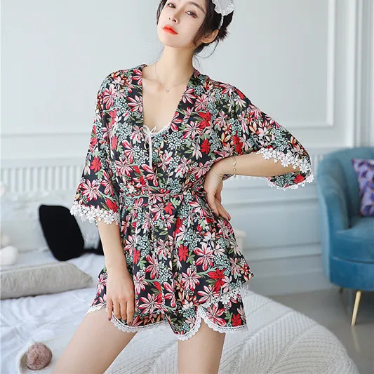 

Voplidia Spring three-piece Set Sexy Floral Bathrobe Women Pajamas Set New Nightgown Sleepwear Pajamas Pijama Feminino Pyjama