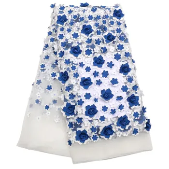 

Dark Blue With White French Tulle Lace Fabric African 3D Flowers With Beads Tulle Laces Fabric For Women Party Dress AMY1719B-2