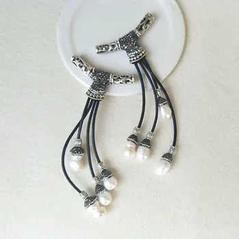 

4Pcs Natural Long pearl Stone Pendant Charms,Crystal Rhinestone Paved Leather Tassel Pendant Jewelry necklace making P457A