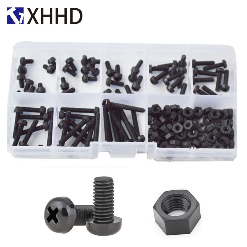 

M3 Phillips Black Nylon Pan Head Screw Nut Cross Recessed Round Head Metric Thread Plastic Machine Bolt Set Assortment Kit Box