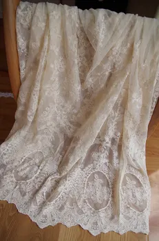 

5 yards cream lace fabric, embroidered tulle lace fabric with scalloped