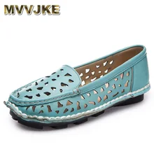 MVVJKE Handmade Summer Casual Loafers Women Flat Shoes Breathable Hollow Genuine Leather Moccains Women Flats Mother Shoes