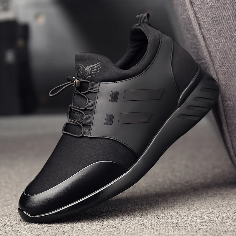 2019 Men's Shoes Quality Lycra+Cow Leather Shoes Brand 8CM Increasing British Shoes New Spring Black Man Casual Height Shoes