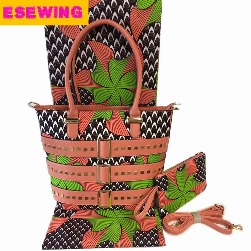 

ESEWING 2019 High quality african Nigerian real Real wax Nigerian with 2pcs hand bag for women hand bag set for wedding party