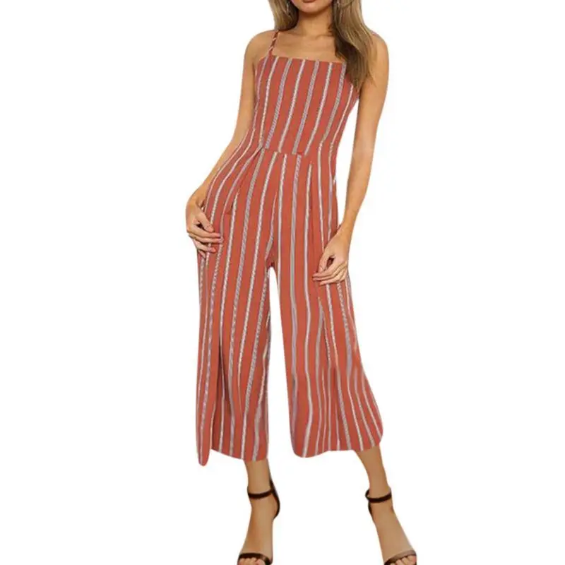 

Fashion Striped Jumpsuits Playsuit Women Spagetti Strap Summer Beach Sexy Backless Bow Long Rompers Playsuits Overalls Feminino