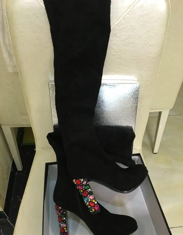 Новые модные ботфорты на прозрачном каблуке женские замшевые сапоги-стрейч сапоги на каблуке 3 см с круглым носком дамские носки 10 см