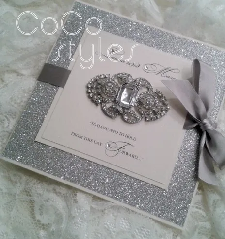  Cocostyles customized luxury silver print glitter design invitation card with brooch and ribbon for - 32891000251