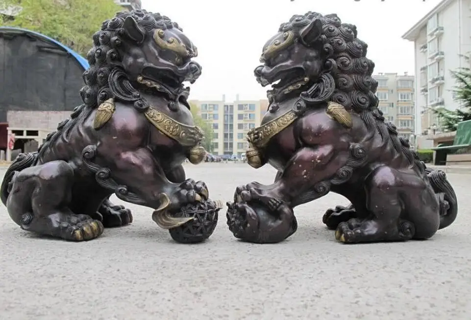China Feng Shui Bronze Copper Evil Guardian Door Fu Foo Dog Lion Pair