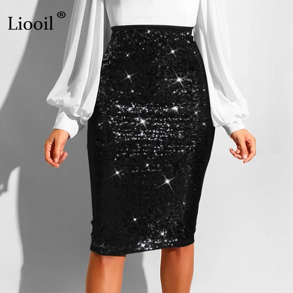 Liooil Sexy Black Sequin Midi Skirt Women 2019 High Waist Club Skirt Fashion Patchwork Party