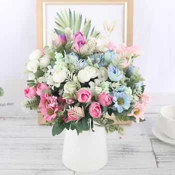

Rose Artificial Silk Flowers High Quality Bouquet 12 heads Fake Flowers Daisy Bud Decoration for Wedding Home Foam Accessories
