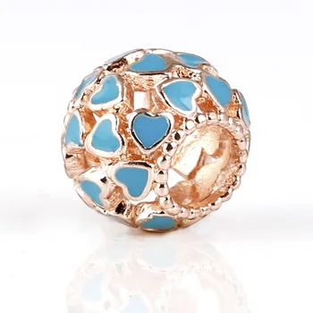 

10 Pcs a Lot Rose gold color OpenWork Beads Blue Enamel Heart Flower DIY Metal Bead Charm Fit For Pandora Charms Bracelet