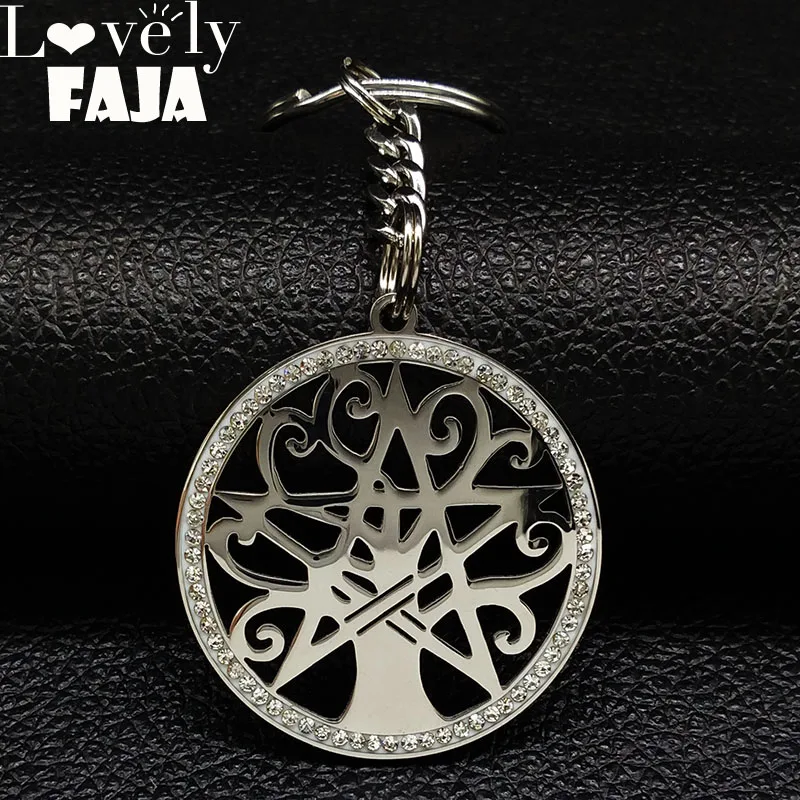 

2019 Pentagram Tree of Life Stainless Steel Crystal Key Chain Women Silver Color Round keyring Jewelry llaveros de acero K77380B