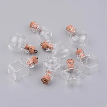 

Glass Bottle Pendants, with Wood Cork Stopper, Mixed Shapes, Clear, 32.5~34.5x15~22x11~20mm, Hole: 1.5mm