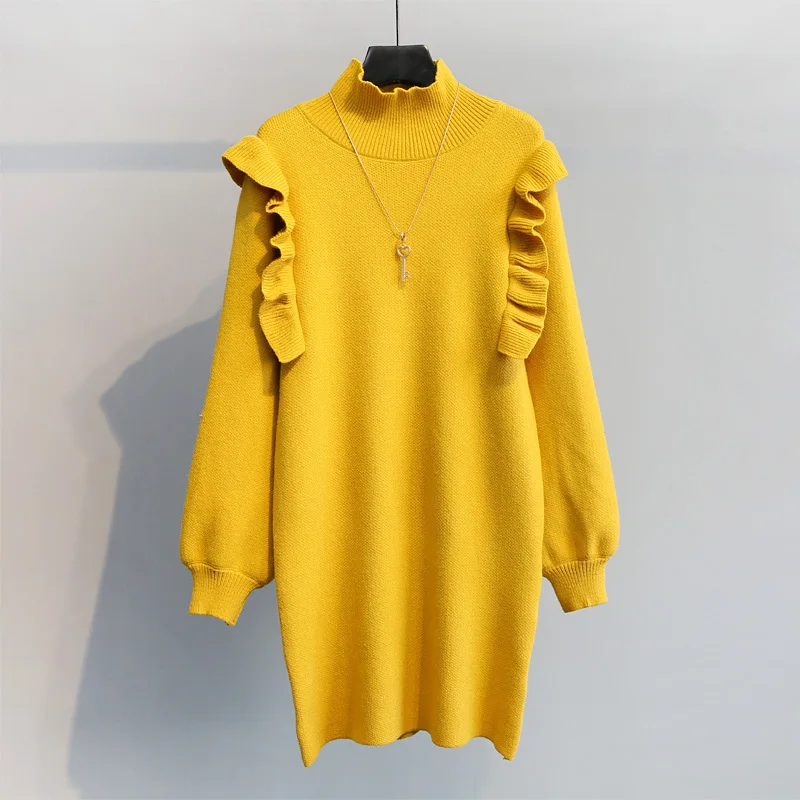 Neploe Корейская зимняя одежда водолазка свитер платье модный фонарь рукав рябь Твердые Элегантные платья женские вязаные платья - Цвет: yellow sweater