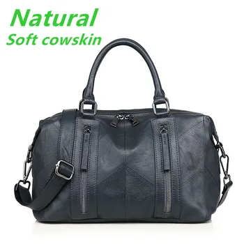 

European Fashion Brand Double Zippers Genuine Leather Women Handbag Soft Patchwork Natural Cow Leather Shoulder Crossbody Bag