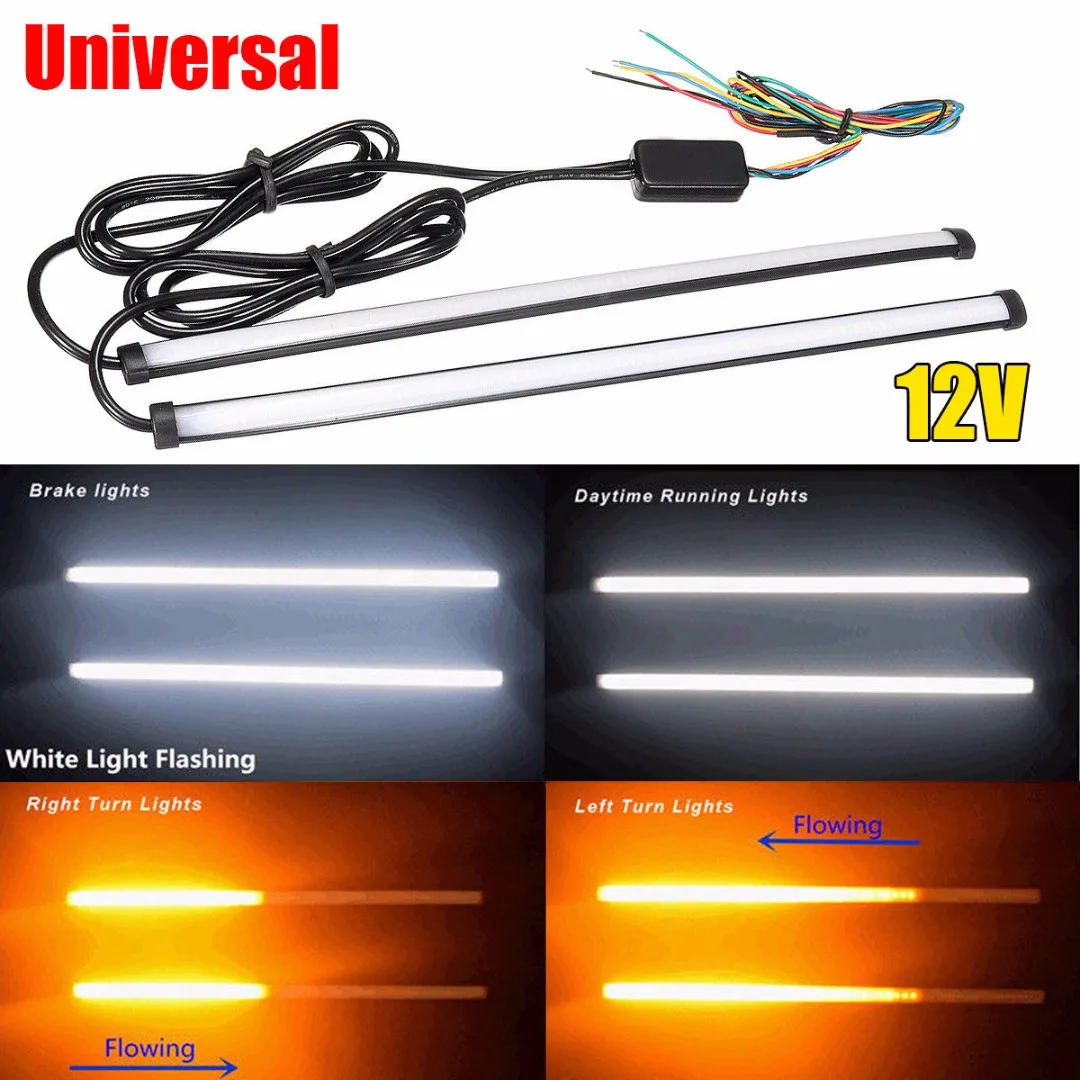 2pcs/set  29.5cm Switchback Car Amber+White LED DRL Brake Turn Signal Light Strip