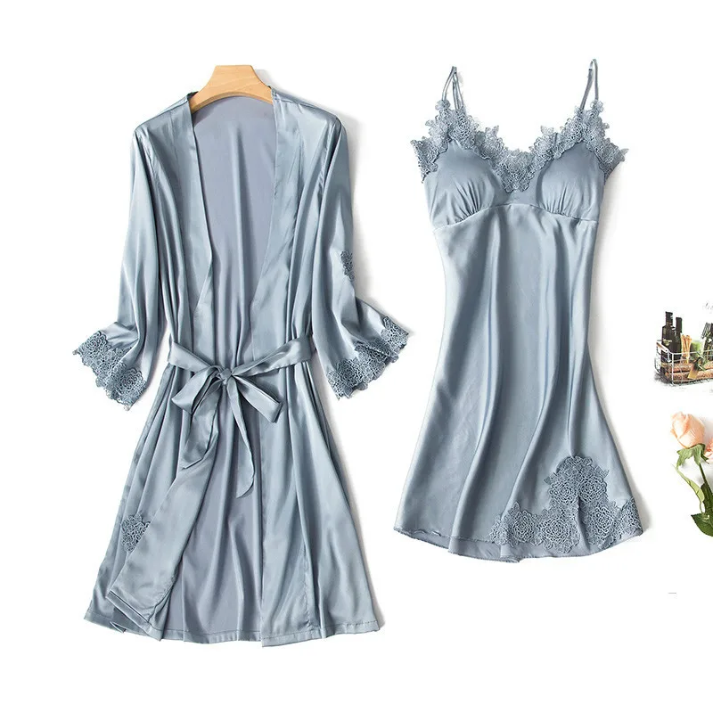

Summer Lady Robe Set Sexy Nighty&Robe 2PCS Sleepwear Casual Kimono Bath Gown Three Quarter Sleeve Nightwear Floral Trim Negligee