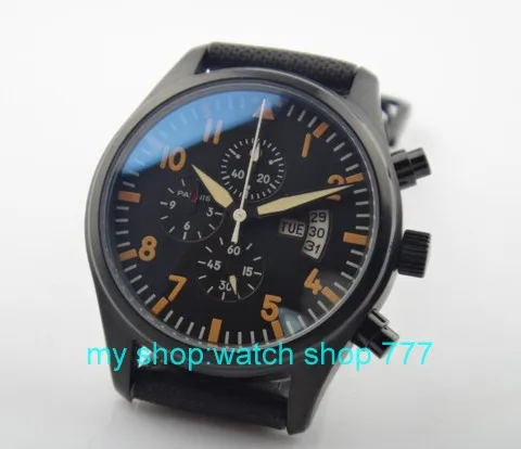 PARNIS 42mm PVD black shell plating chronograph Japanese quartz movement luminous canvas men s watch wholesale