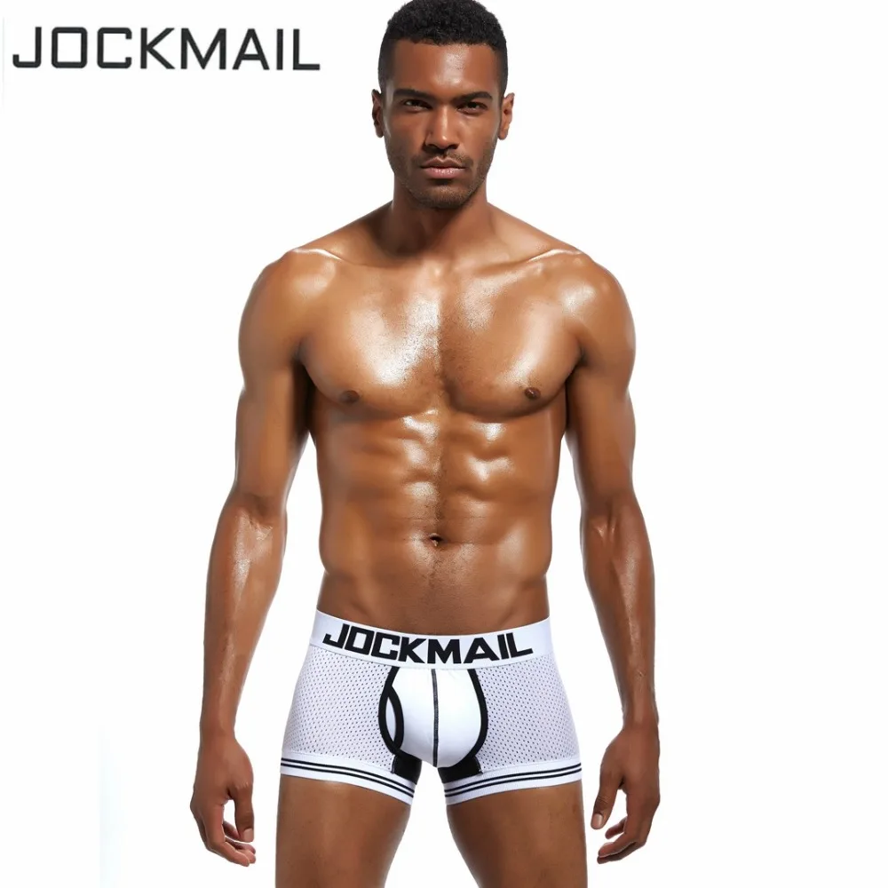 JOCKMAIL Марка мужское нижнее белье, боксеры, спортивные шорты, легкие, с Шорты нейлоновая сетка шорты cueca сексуальный бренд, легкие, с мешочком для пениса, бумажный стаканчик Мужской трусики для геев